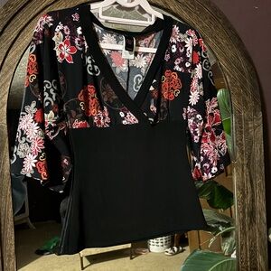 Wrapper Black and Red Floral V-Neck Blouse